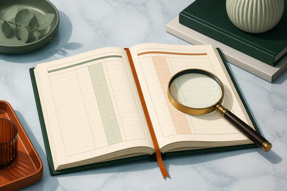 Open comparison ledger with a magnifying glass on a desk