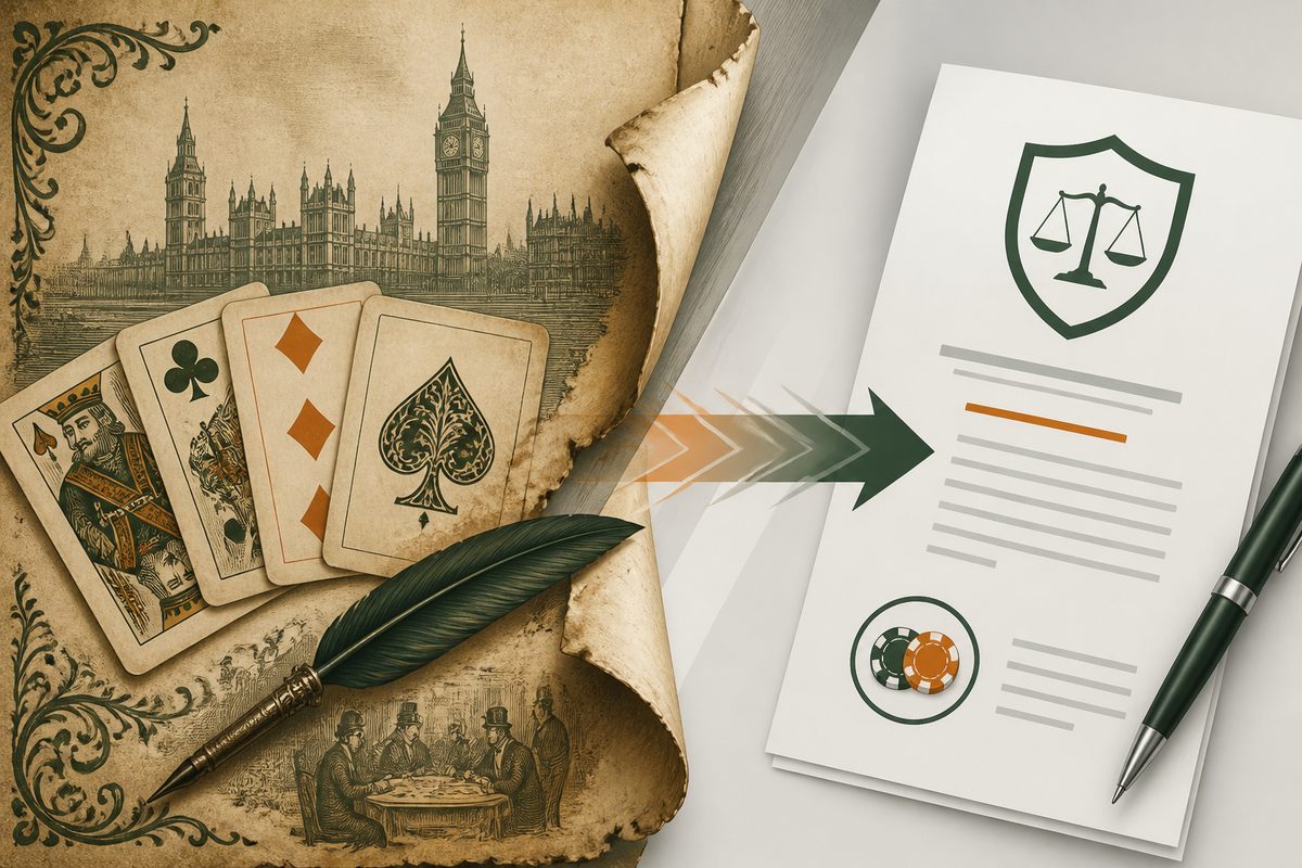 Editorial illustration blending historical cards with a modern document
