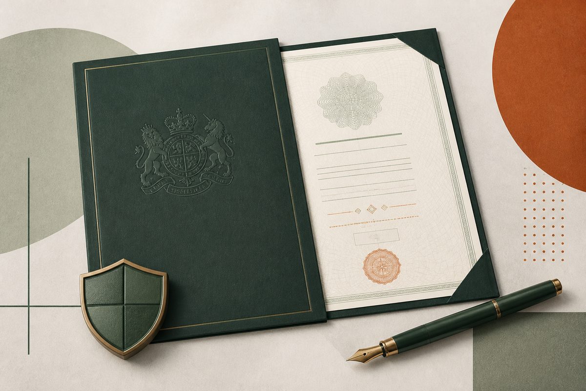 Editorial illustration of licensing documents and a fountain pen