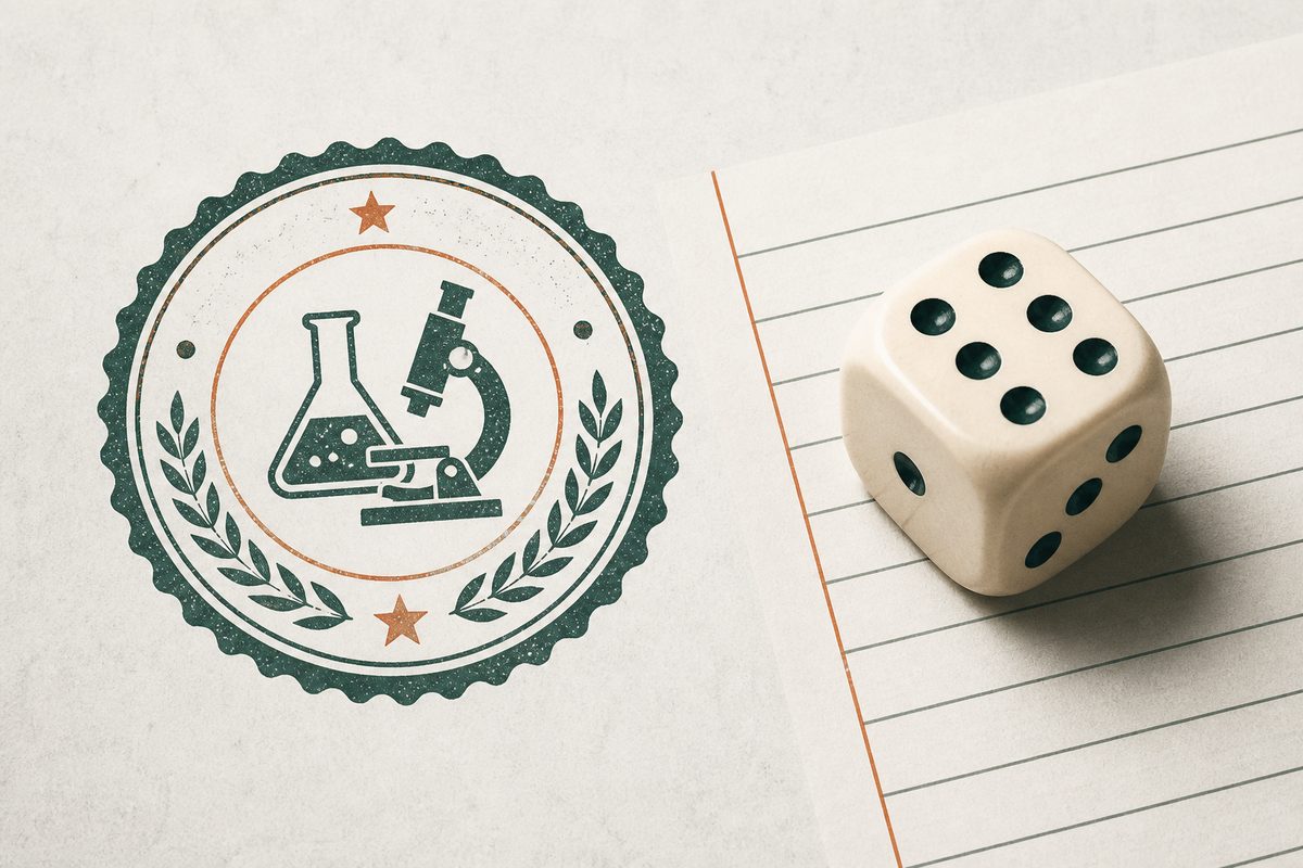 Dice and a testing stamp beside ruled notebook lines